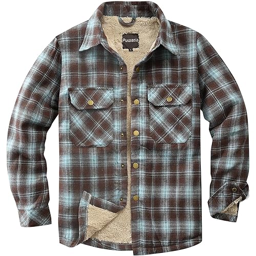 Men's Sherpa Lined Cotton Flannel Shirt Jacket Plaid Button Up Jacket Coat for Men with Pocket
