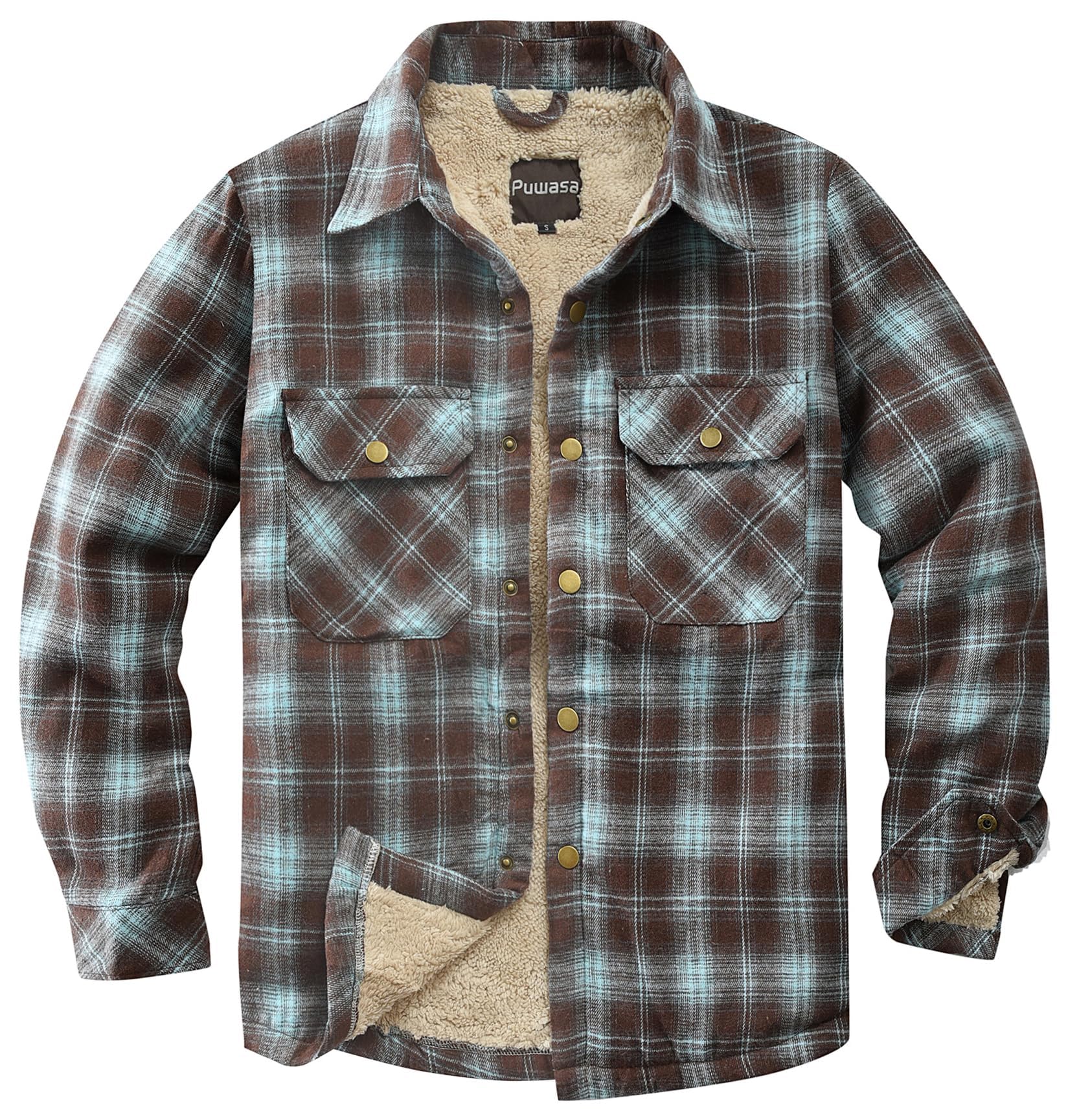 Men's Sherpa Cotton Flannel Shirt Jacket Plaid Button Coat Pocket