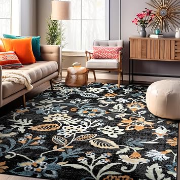 Rugshop Modern Floral Vine Area Rug for Living Room Soft Black 7 10" x 10