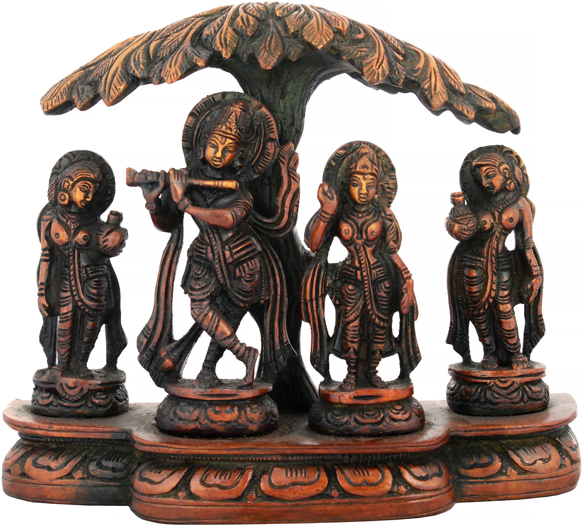 Shri Krishna with Radha and Gopis - Brass Sculpture - Color Double Chola Color