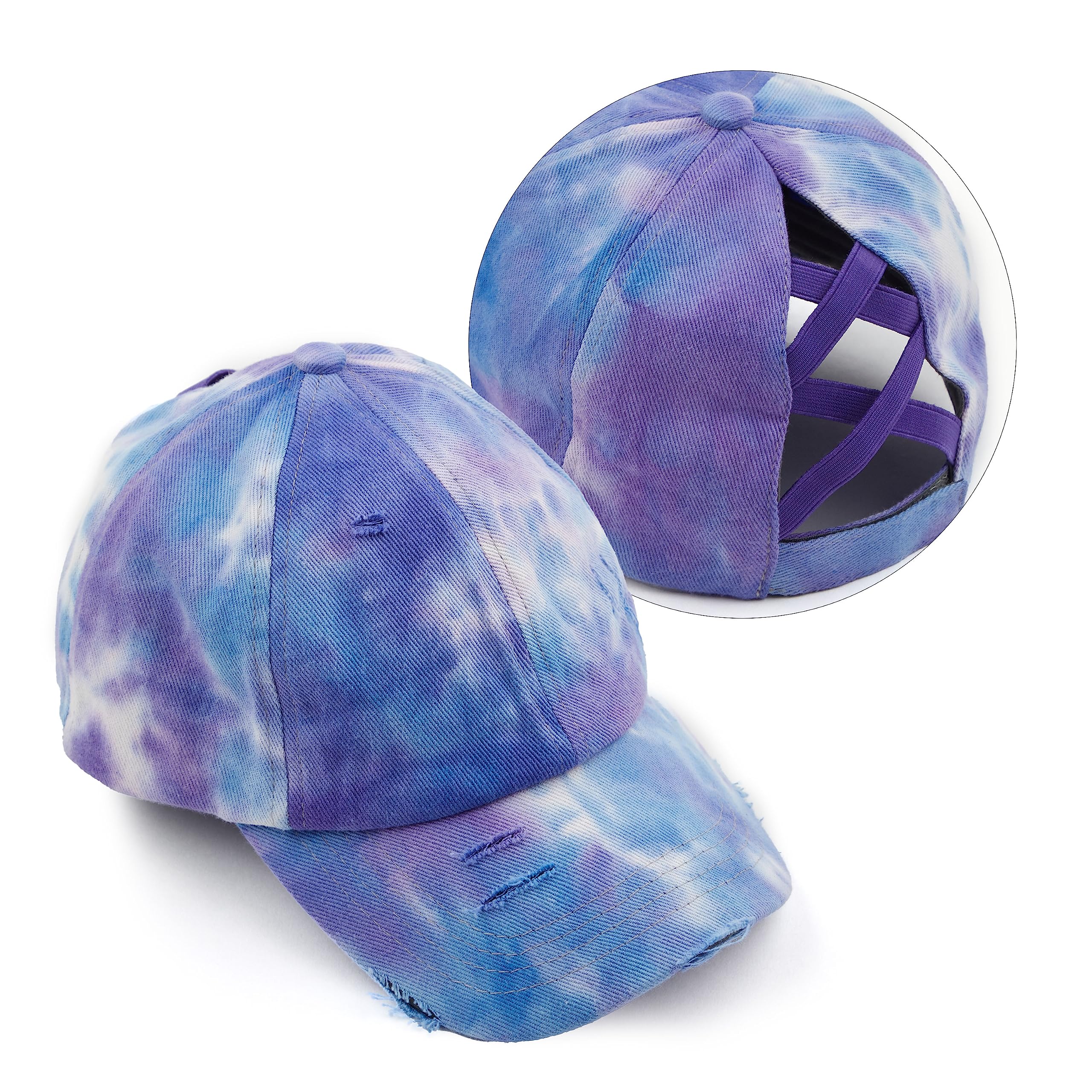 C.CC.C Exclusives Washed Distressed Cotton Denim Criss-Cross Ponytail Hat Baseball Cap Bundle Hair Tie (BT-780)