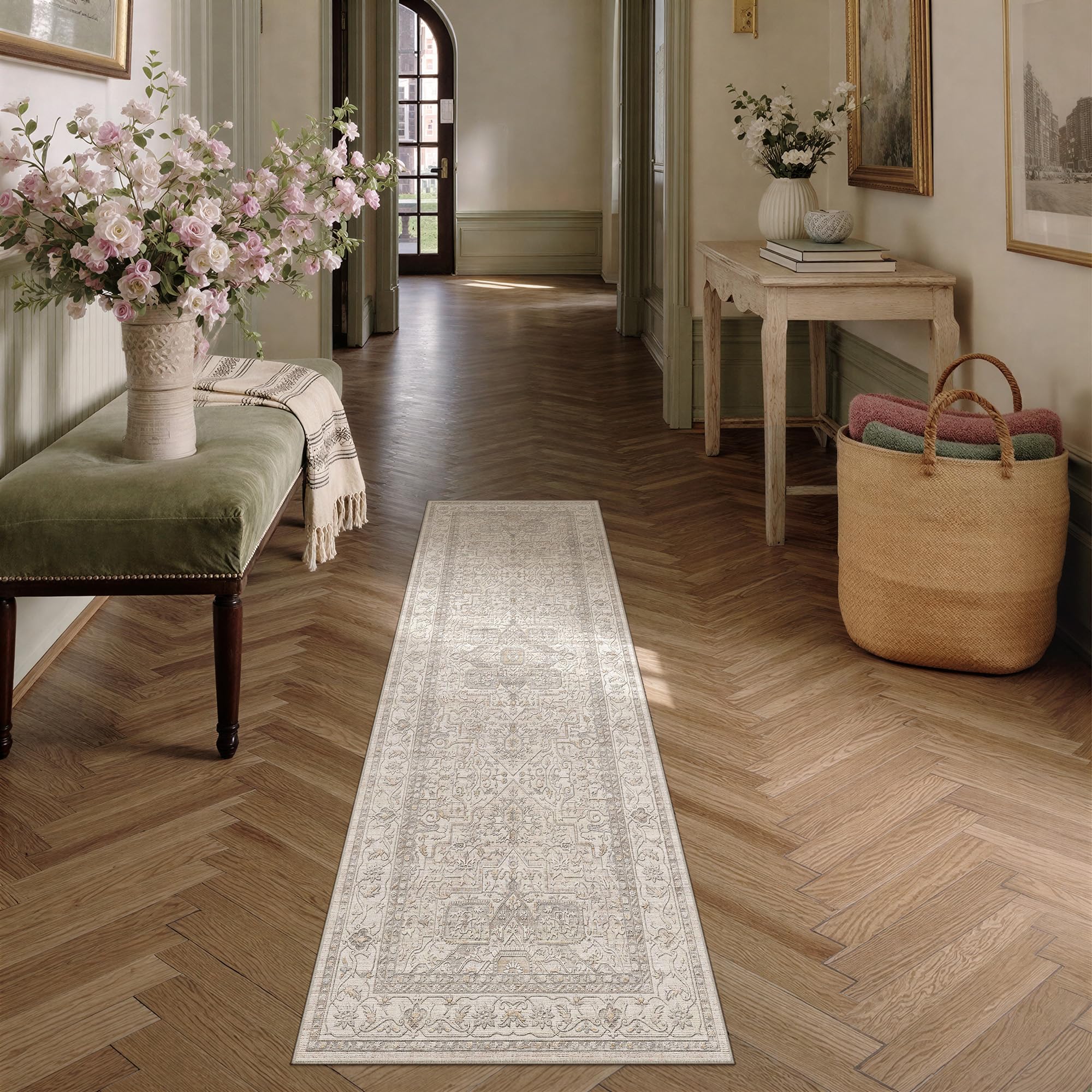 PureCozy Vintage Beige Hallway Runner Rug 60x180cm Carpet Runners Washable Non Slip Area Rugs Kitchen Dining Room Bedroom Bedside Office Low Pile Long Soft Indoor Carpets