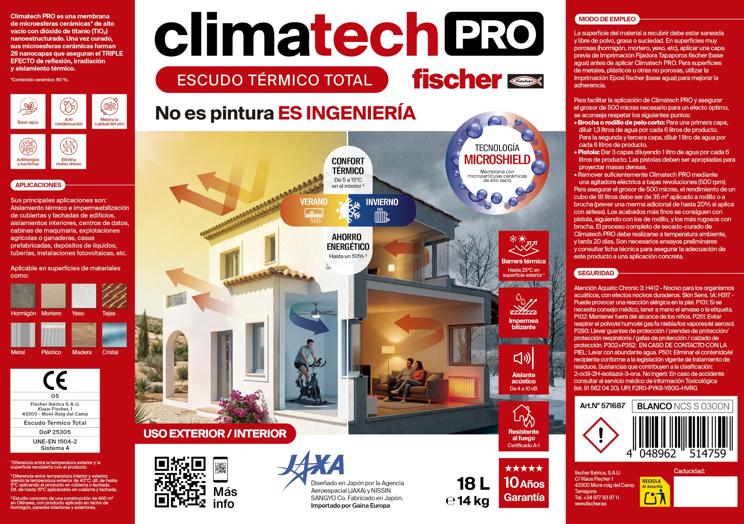 fischer - Climatech Pro - Escudo Térmico Total, Aislante Térmico Reflexivo Exterior e Interior para Pared, Techo, Tejado, Fachada o Habitación (18 L)