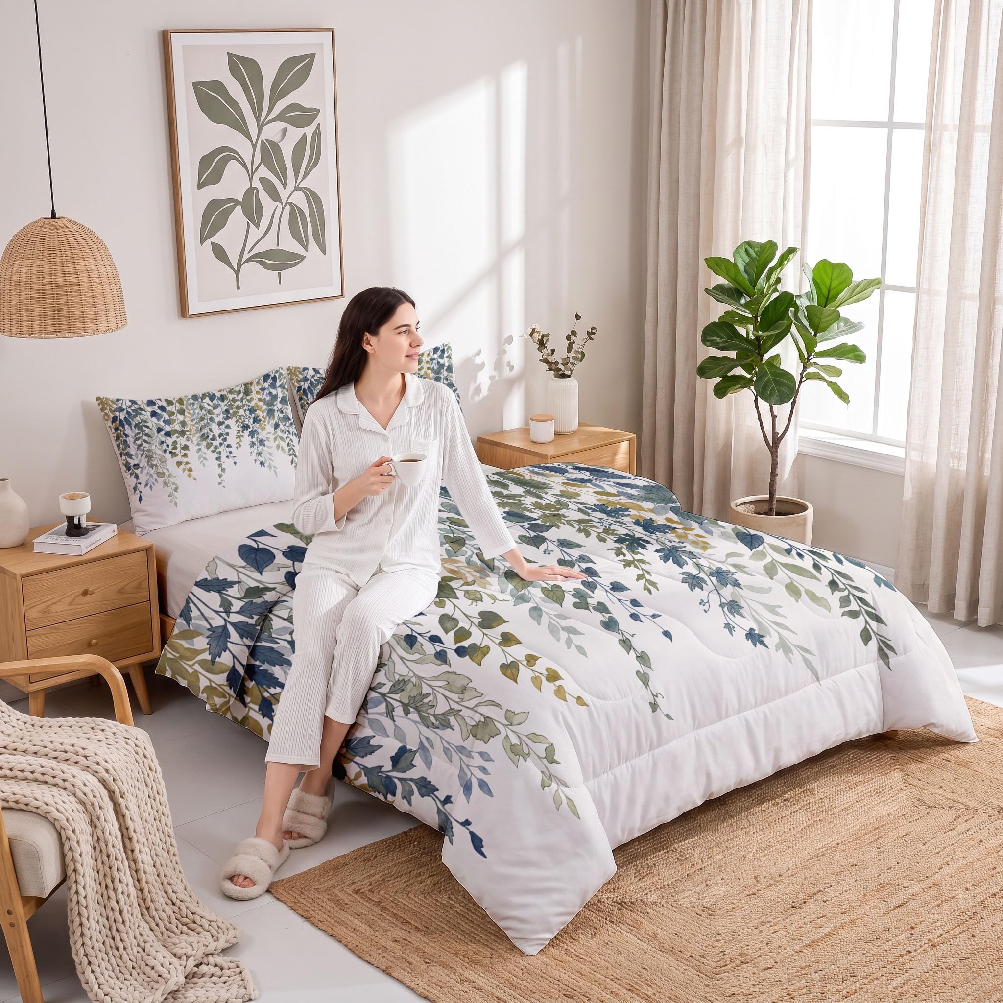 Bettdecke 220X240 cm 4 Jahreszeiten, Olivgrün Handbemalte Pflanzen Steppdecke, Weinende Blätter Warme Ganzjahresdecke Bettdecke Ohne Bezug Waschbar Schlafdecke Mit 2 Kissenbezug