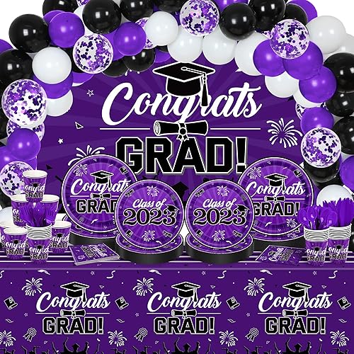 Kit de suministros de decoración de fiesta de graduación color morado y negro 2023 227 piezas de vajilla desechable de felicitaciones 2023 (Serve