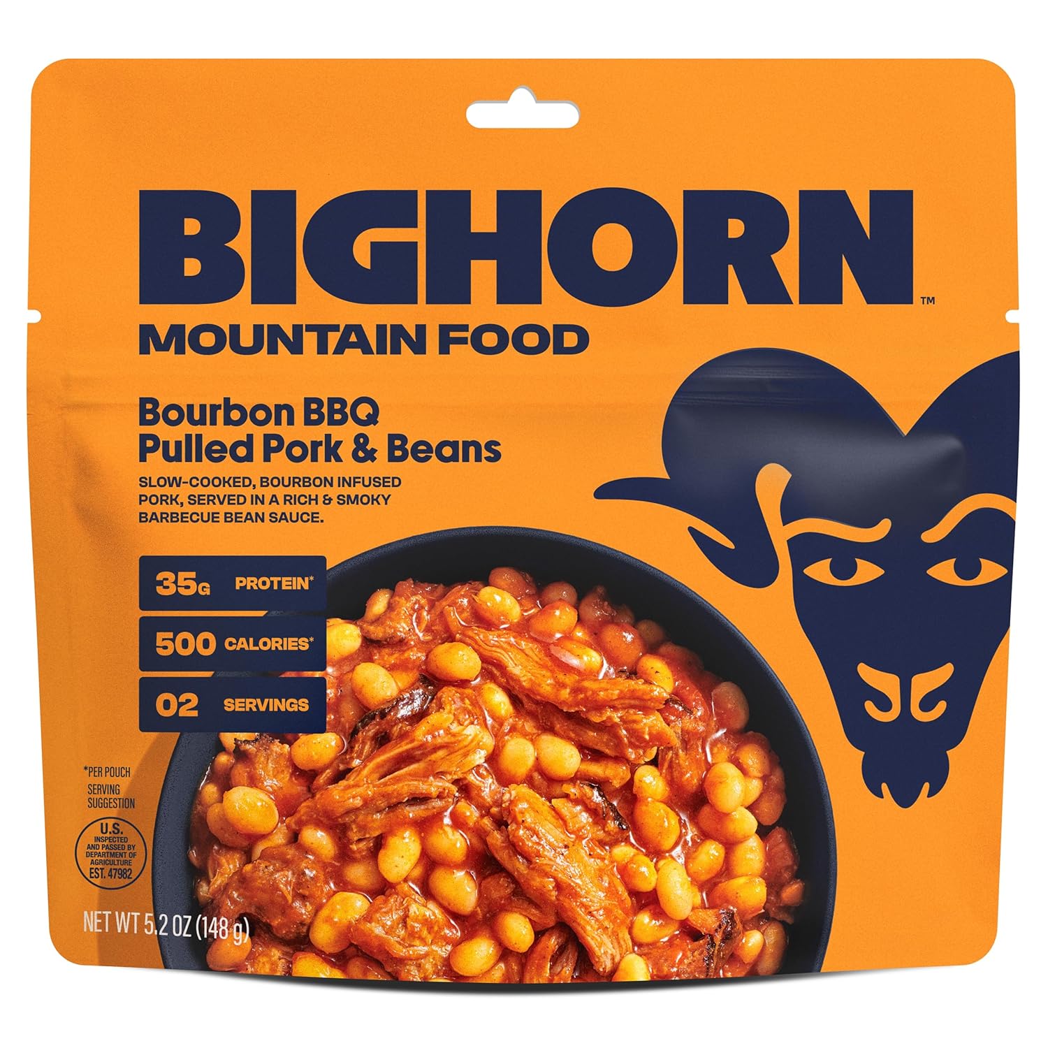 BIGHORN Mountain Food Bourbon BBQ Pulled Pork and Beans - contains 4 packs | 8 servings | 140g Protein | 2,000 Calories - premium freeze dried meals for backpacking food - dehydrated camping food for backpacking meals - ideal camping meals just add water - great taste
