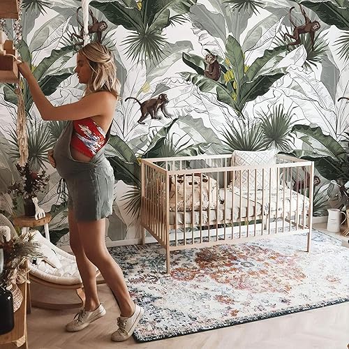 Murwall Banana Leaf Wallpaper for Nursery Monkey Pattern Wall Mural Botanical Home Decor Cafe Design Livingroom Bedroom Entryway