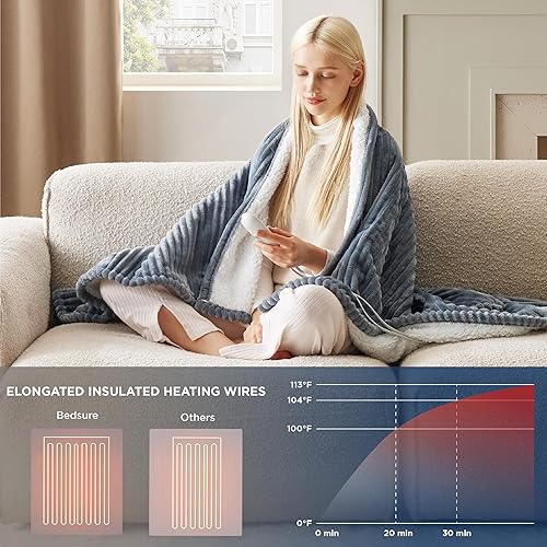 Miniatura 6 de Bedsure Manta eléctrica individual  Manta térmica de franela suave acanalada, manta térmica con 10 ajustes de tiempo, 6 ajustes de calor y