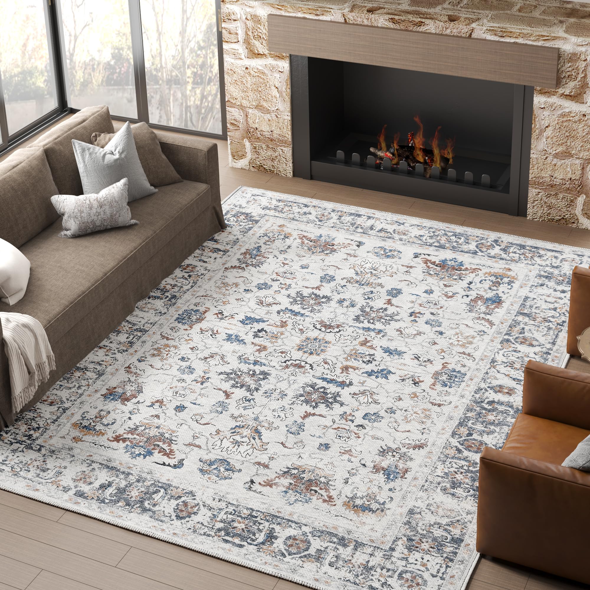 jinchan Area Rug 6x9 Vintage Floor Cover Foldable Thin Rug Indoor Retro Multi Floral Print Distressed Carpet Non Slip for Living Room Bedroom Dining Room