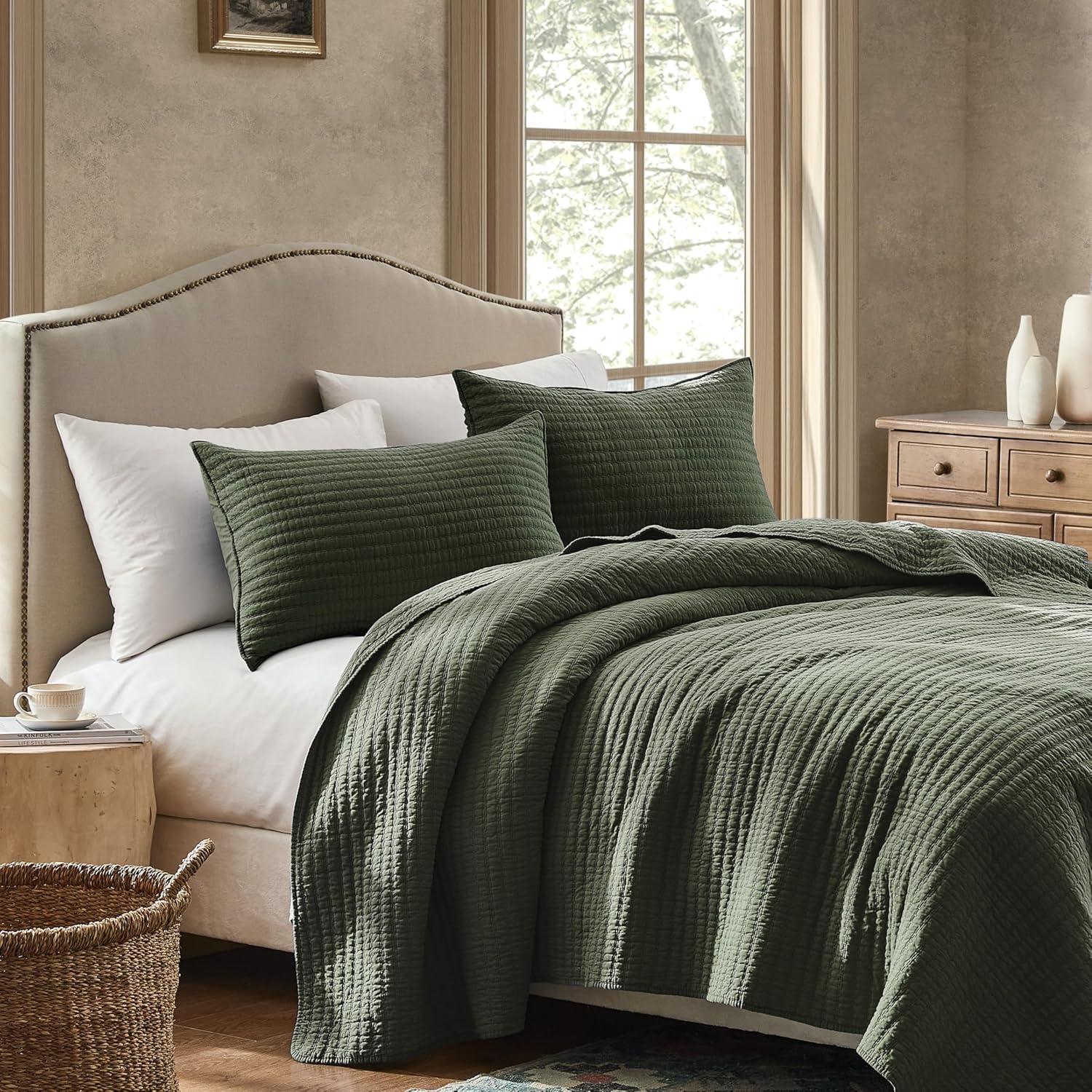 WDCOZY 100% Cotton King Size Quilt Set - Olive Green Striped Pick Stitch Soft Lightweight Bedspread, Textured Like Linen, Farmhouse Country Rustic Coverlet, Shabby Chic Gauze Bedding, 3 Pieces - Image 7