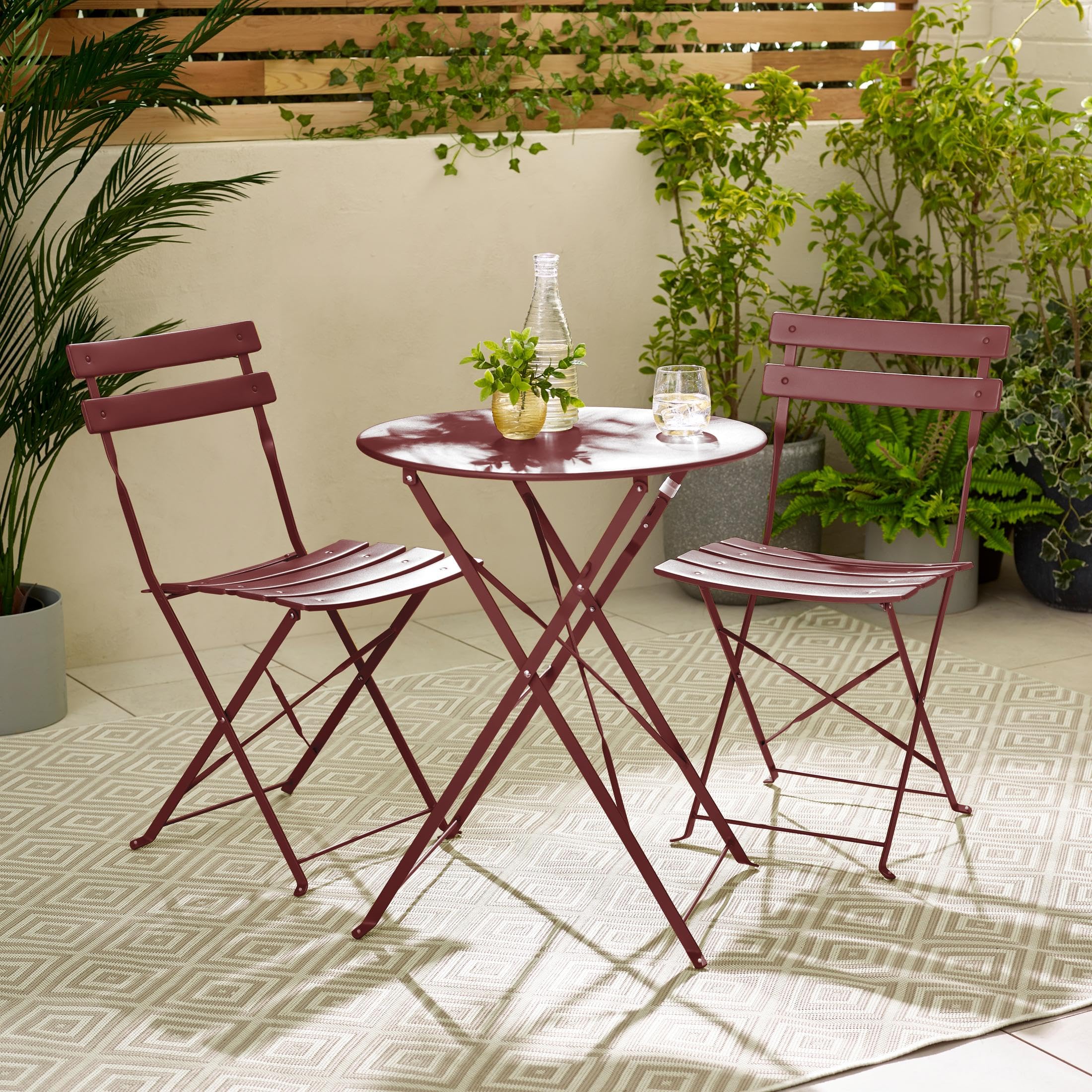 Furniturebox UK Outdoor Furniture - Cabo 2 Seat Red Metal Garden Round Table & Chair Bistro Set - 2 Folding Chairs - Stylish & Modern Small Patio or Conservatory Set