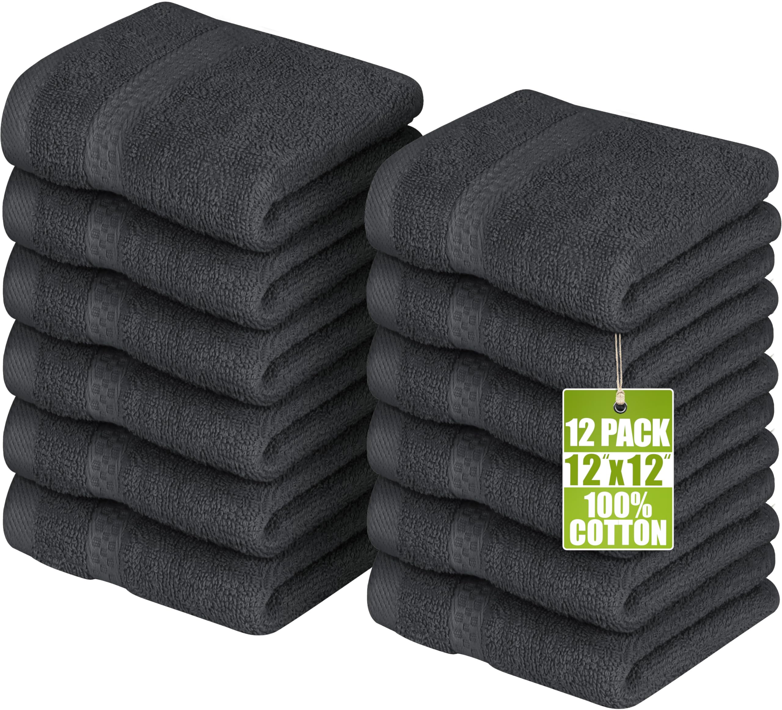 12 Pack Premium Wash Cloths Set, 12 by 12 Inches, 100% Cotton Ring Spun, Highly Absorbent and Soft Feel Essential Washcloths for Bathroom, Spa, Gym, and Face, Grey