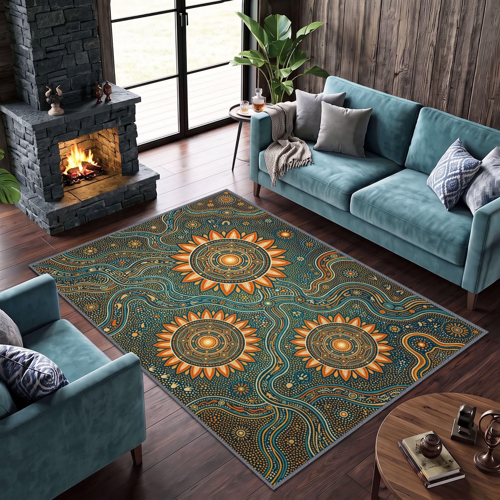 Tribu Traditionnelle Mandala Géométrie Soleil Tapis Salon 100 x 160 cm