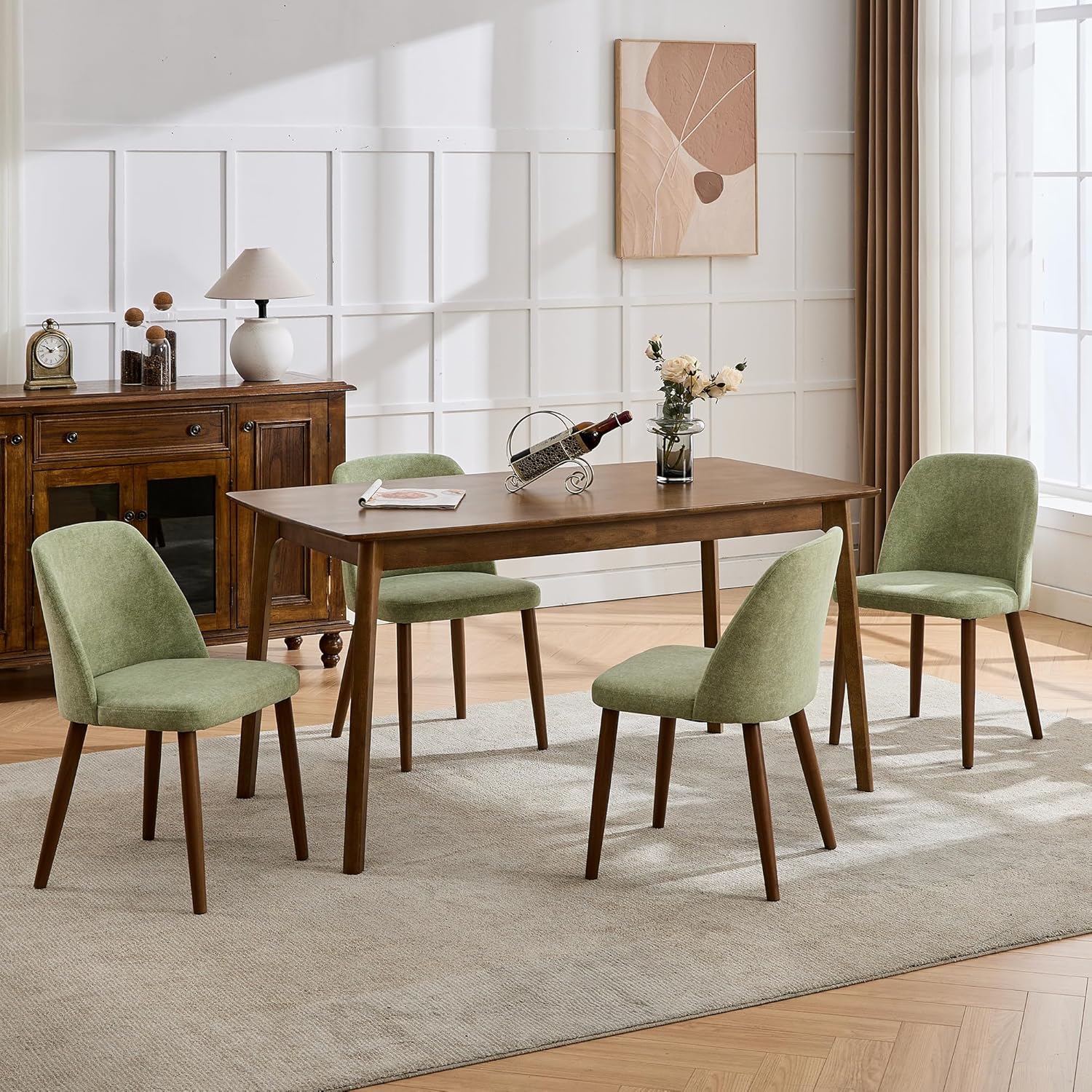Upholstered Dining Chairs Set of 4,Solid Wood Legs,Modern Dining Chairs Set of 4, Fabric Kitchen Side Chairs with Easy Assembly for Dining Room Living Room Bedroom(Green)