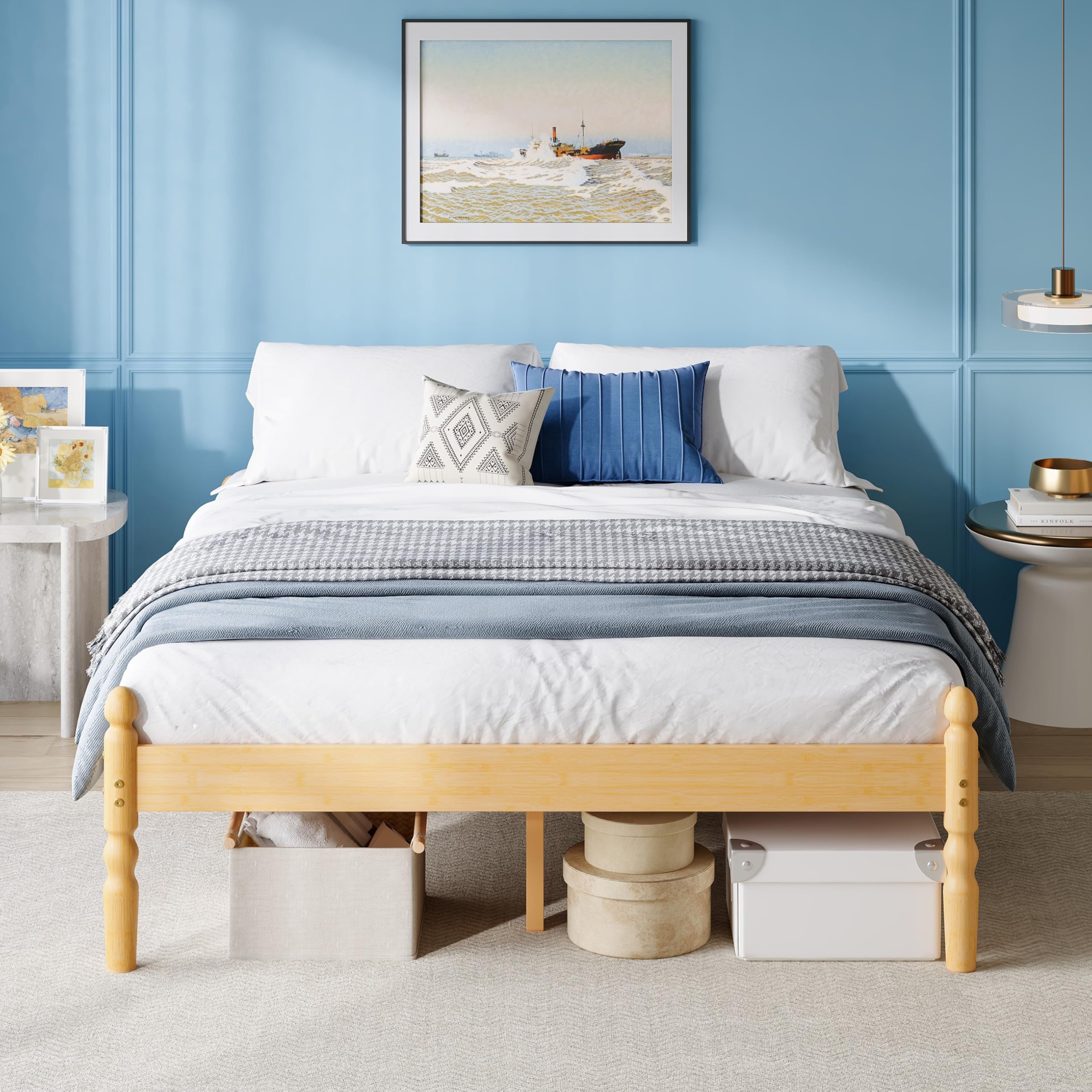 Hunlostten Solid Wood Double Bed Frame Eco-Friendly Bamboo Wooden Bed Platform, Slatted Base, Nordic Style for Bedroom/Guesthouse/Apartment, Easy Assembly, Sturdy, 35.5 cm High with Underbed Storage
