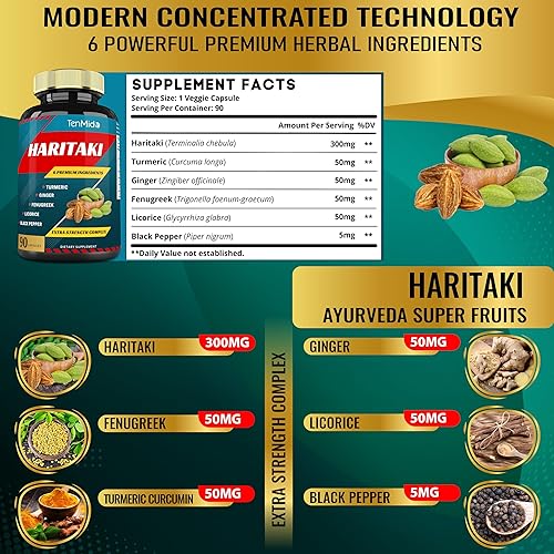 Miniatura 4 de Haritaki Supplements - Cápsulas de extracto con cúrcuma, jengibre, fenogreco, regaliz, pimienta negra | Nutre, rejuvenece el cuerpo, suministro de 3