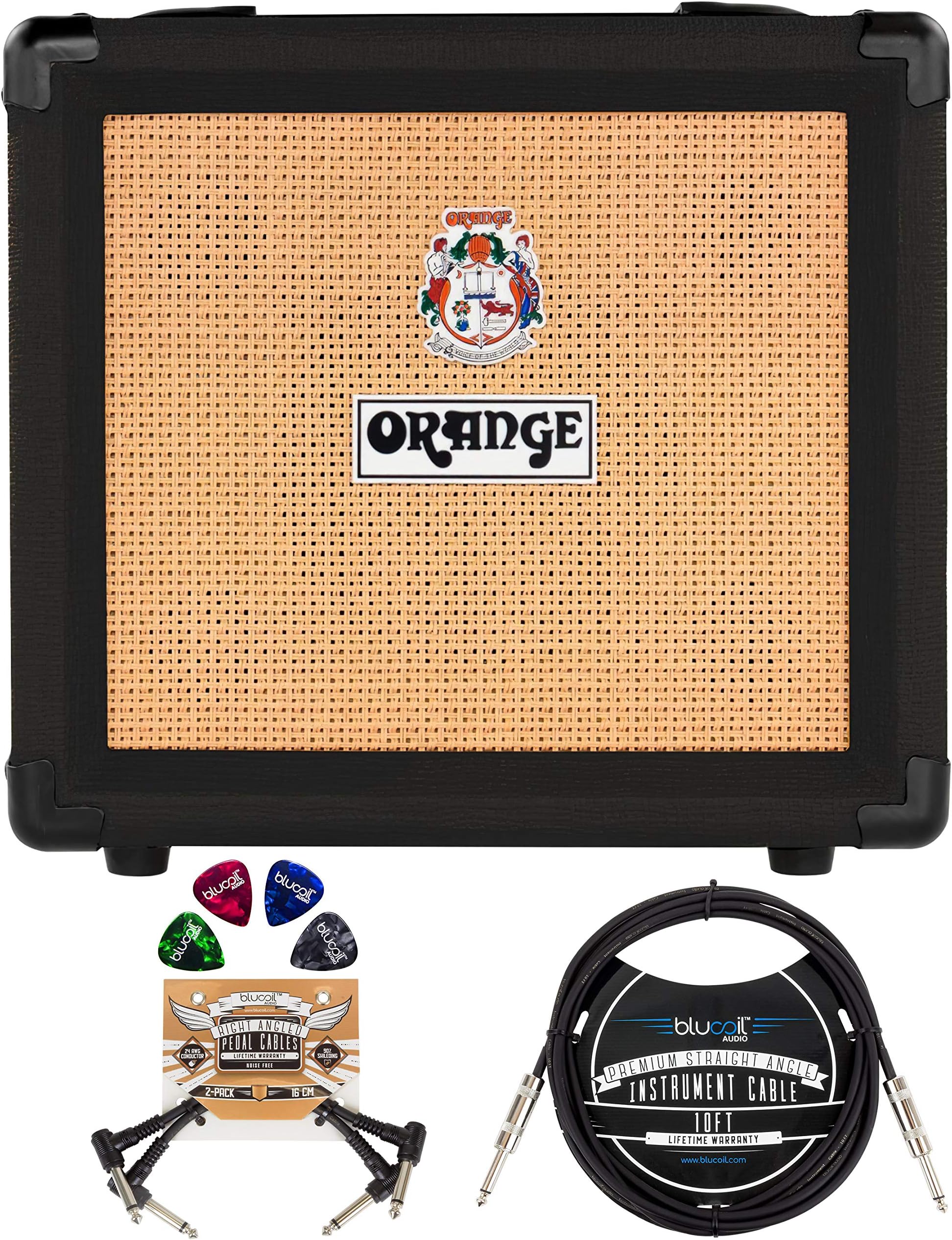 Orange Amplifiers Crush12 12W 1x6 Guitar Combo Amp (Black) Bundle with Blucoil 10' Straight Instrument Cable (1/4"), 2-Pack of Pedal Patch Cables, and 4-Pack of Celluloid Guitar Picks