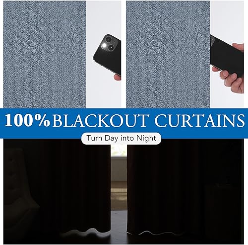 Miniatura 4 de Beauoop Cortinas de lino 100% opacas de 63 pulgadas de largo, 2 paneles para dormitorio, sala de estar, azul con parte trasera blanca,