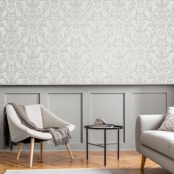 Fine Decor FD43988 Azara Damask Luxury Textured Vinyl Wallpaper, Light Grey
