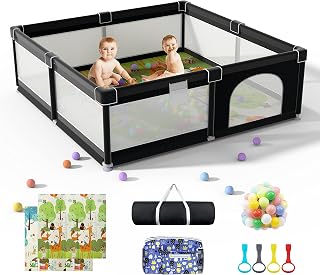 Baby Playpen with Mat 79" X 71", LUTIKIANG Baby Gate Playpen, Large Toddler Play Yard, Extra Large Play Pen, Portable Playpen for Babies, Mat Included, Playpen for Babies and Toddlers (Black)