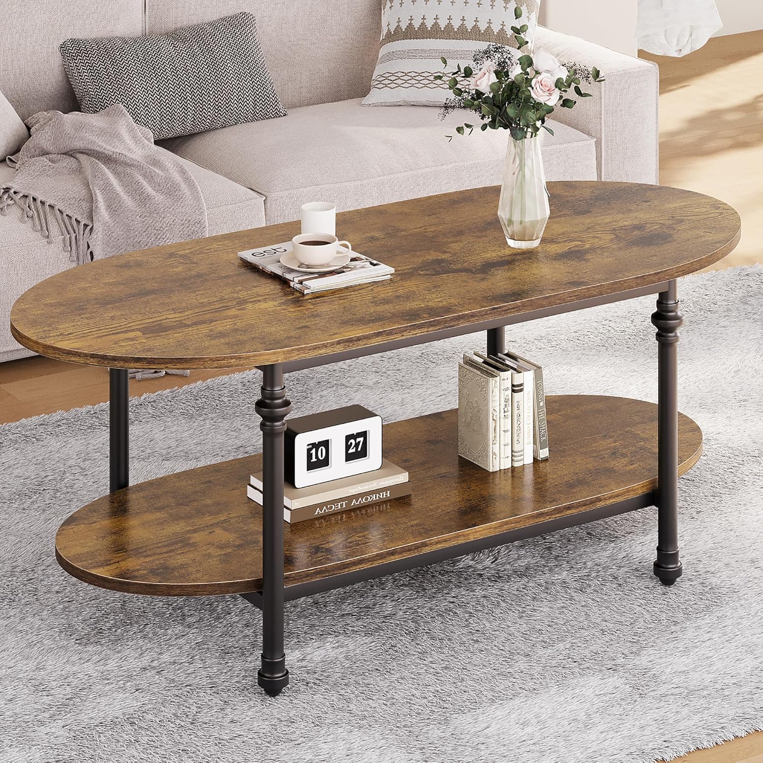 GarveeHome Oval Coffee Brown Table Unique Tea Table 47.2" Cocktail Table Low Storage Coffee Table 2 Tier Vintage Center Table for Living Room Office Rustic Mid Century