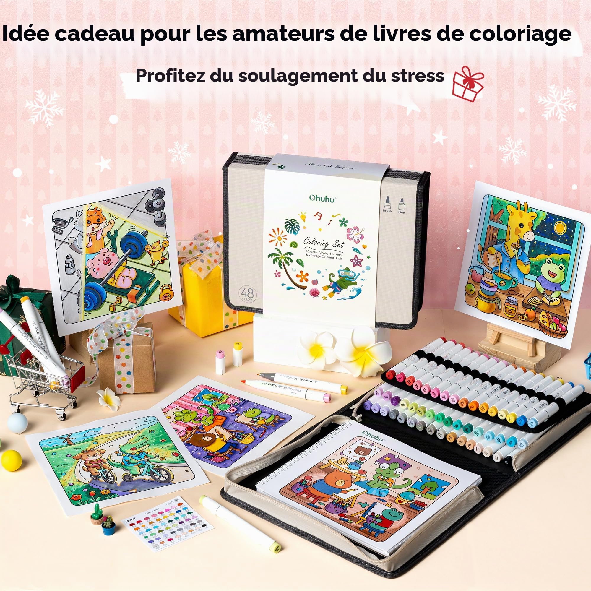 Ohuhu Honolulu B Lot de 48 marqueurs à alcool avec livre de coloriage, certifié AP - Marqueurs artistiques rechargeables à double pointe pour coloriage adulte, illustration, cadeau anti-stress pour