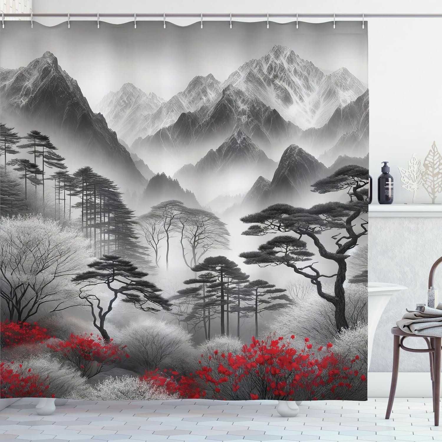 Ambesonne Landscape Shower Curtain, Foggy Mountains and Asian Trees with Warm Colored Blossoms Forest View, Cloth Fabric Bathroom Decor Set with Hooks, 69" W x 70" L, Red and Taupe Grey