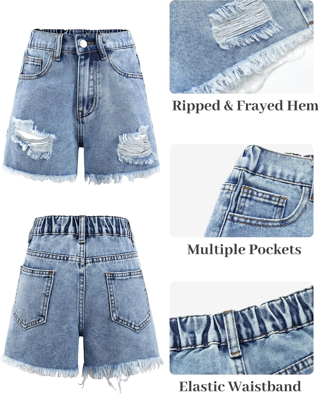 Girls Ripped Jean Shorts Mid Waist Straight Leg Y2K Vintage Denim Shorts with Elastic Waistband & Frayed Hem 8-12Y