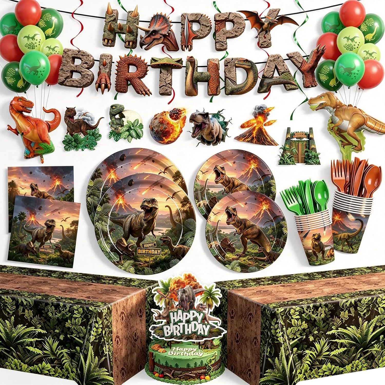 208pcs Dinosaur Plates Napkins Party Supplies Dino Disposable Tableware Set Include Plates Napkins Cups Cutlery Balloon Cake Topper Banner Hanging Swirl Tablecloths for Dino Party Decorations Serve 24