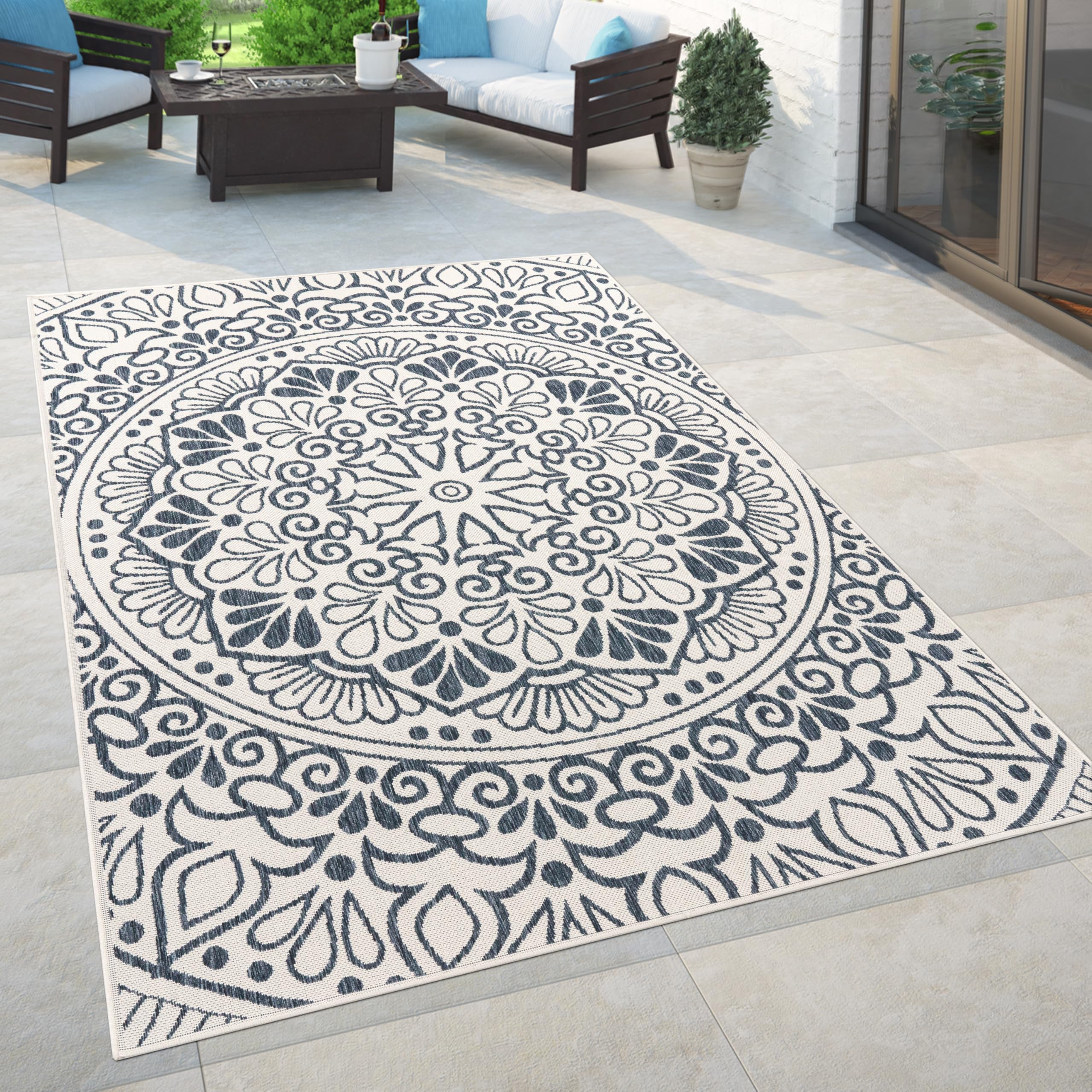 Paco Home In- & Outdoor Teppich Balkon Terrasse Vintage Orientalisches Muster Ornamente, Grösse:60x100 cm, Farbe:Blau 2