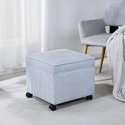 Miniatura 202 de Adeco Taburete de almacenamiento con diseño de escritura de tela, tapa con bisagras, patas de madera maciza, otomanas de 18 pulgadas de altura y 3D