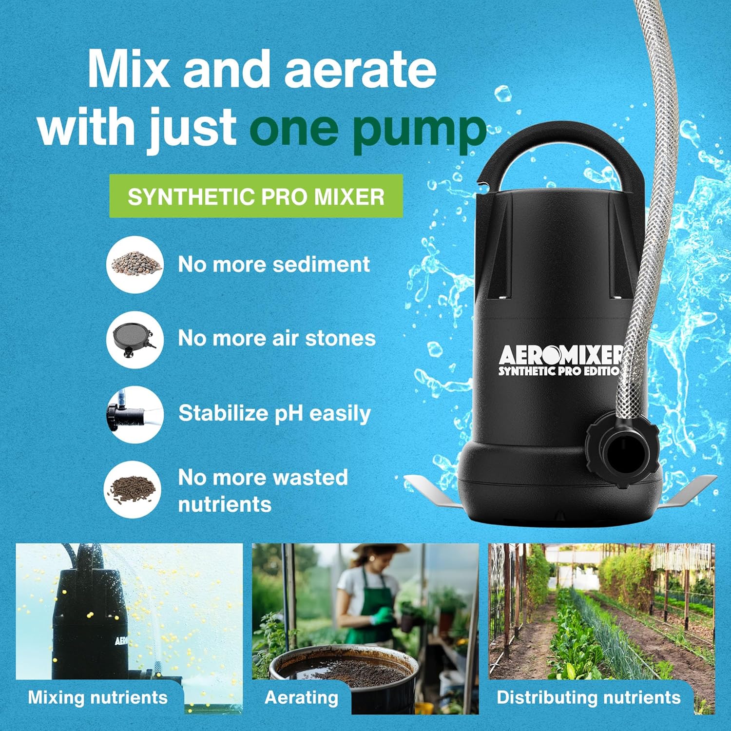 Aeromixer Synthetic 3/4 HP Submersible Mixing + Aerating Pump - Submersible Water Pump for Nutrient Mixing and Aerating, Electric Garden Water Pumps, Heavy Duty Outdoor Pumps for Farming and Gardening
