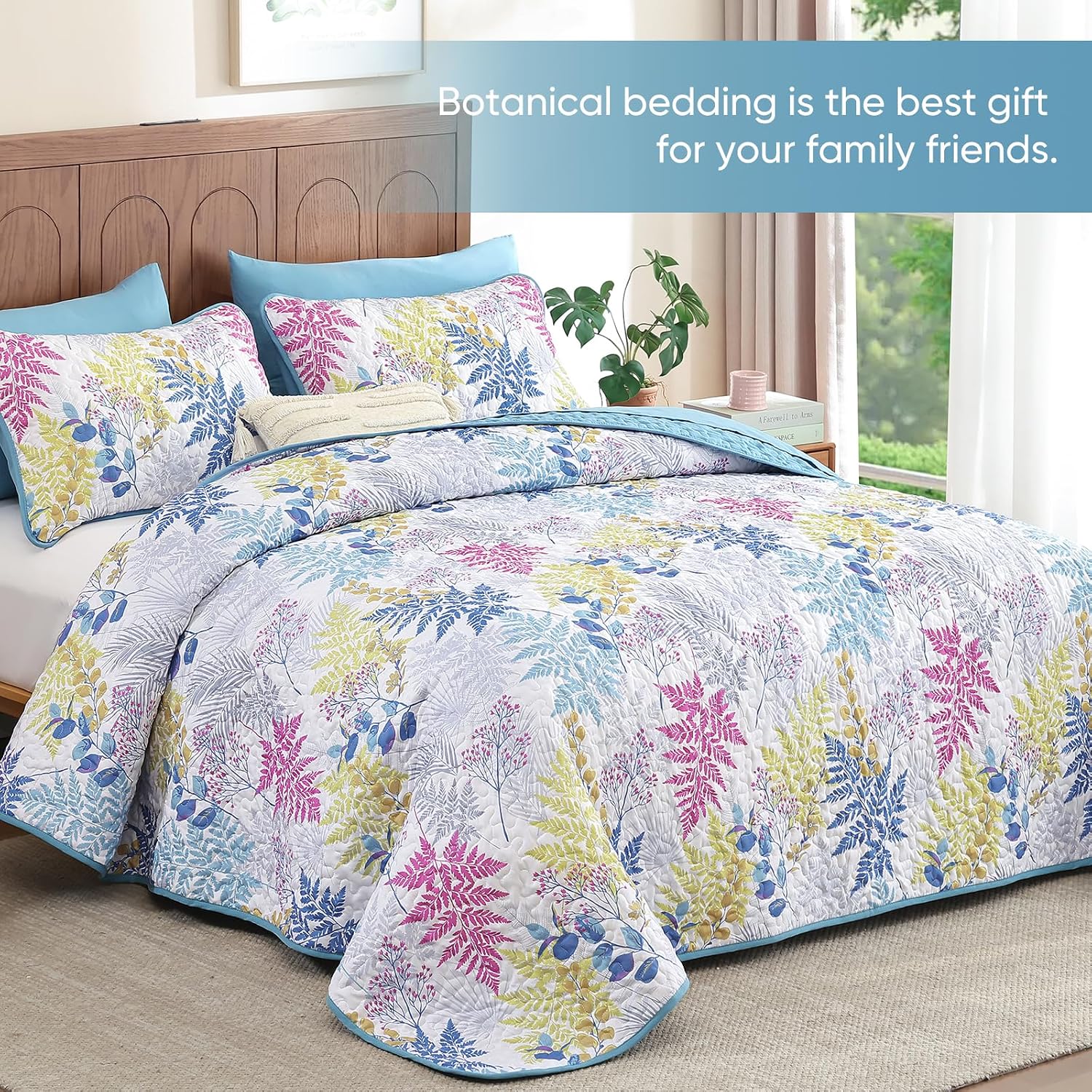 WONGS BEDDING Blue Quilt King Size, Botanical Bedspread with Leaves Pattern 3 Pieces Lightweight Microfiber Reversible Coverlet Home Decor for All Seasons（104"×90"）