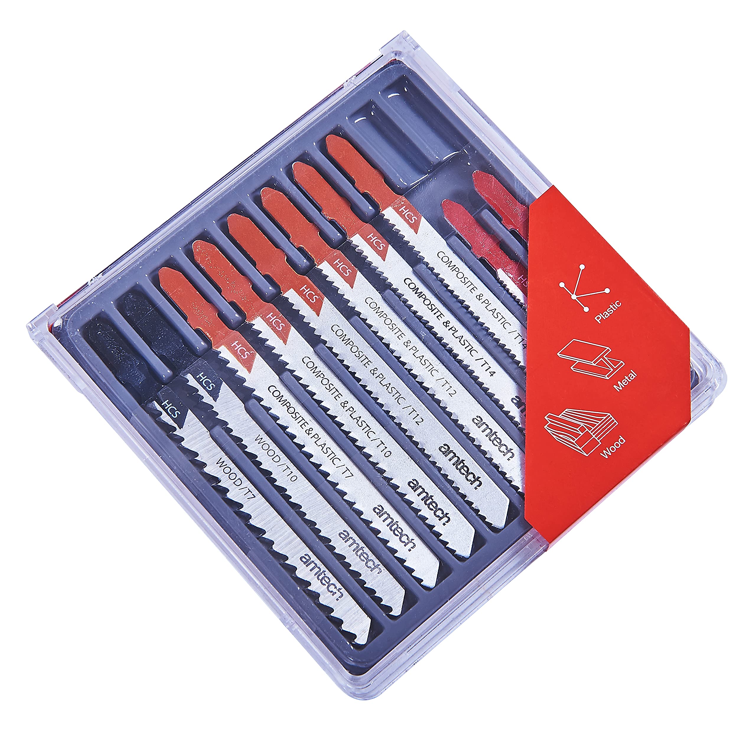 Amtech 10pc Mixed Jigsaw Blade Set, HSS and Carbon Steel T-Shank Blades with Handy Case for Cutting Wood, Metal and Plastic in DIY and Professional Tasks.