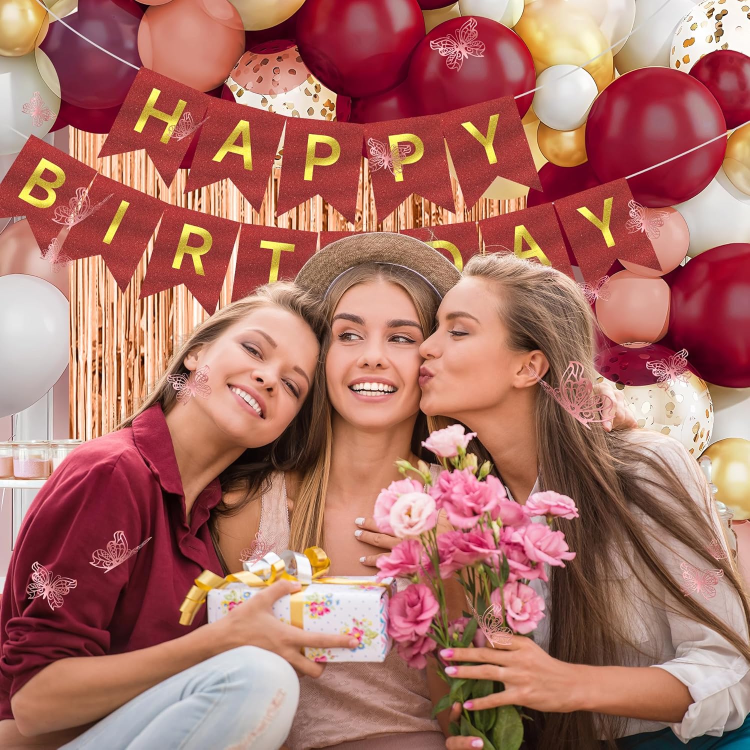 Happy Birthday Decorations For Women,296pcs Burgundy Balloons Birthday Decorations For Girl Kit Disposable Dinnerware Set With 25 Guest, Balloons, Banner, Fringe Curtain,Butterfly Decorations