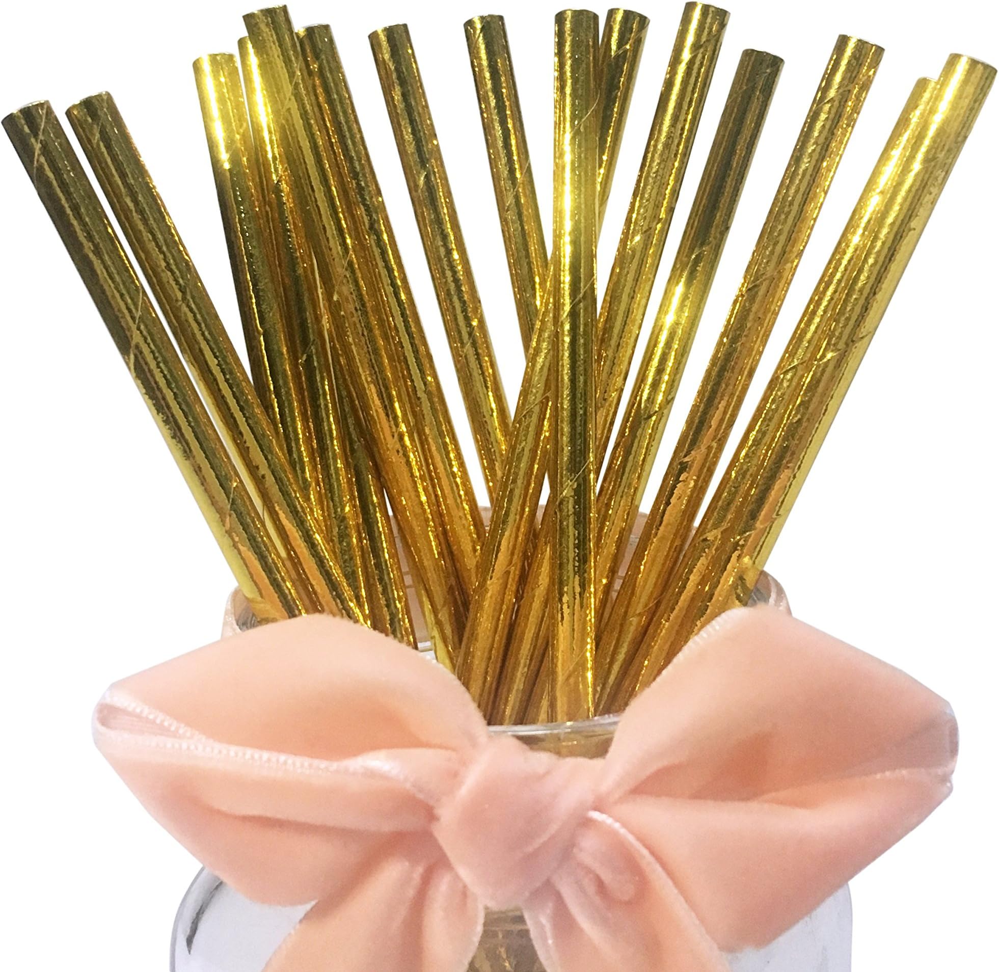 Metallic Gold Drinking Straws, Dipsoable Golden Paper Straws for Wedding, Birthdays, Everyday, Party, 100 Pack Aureate Straws