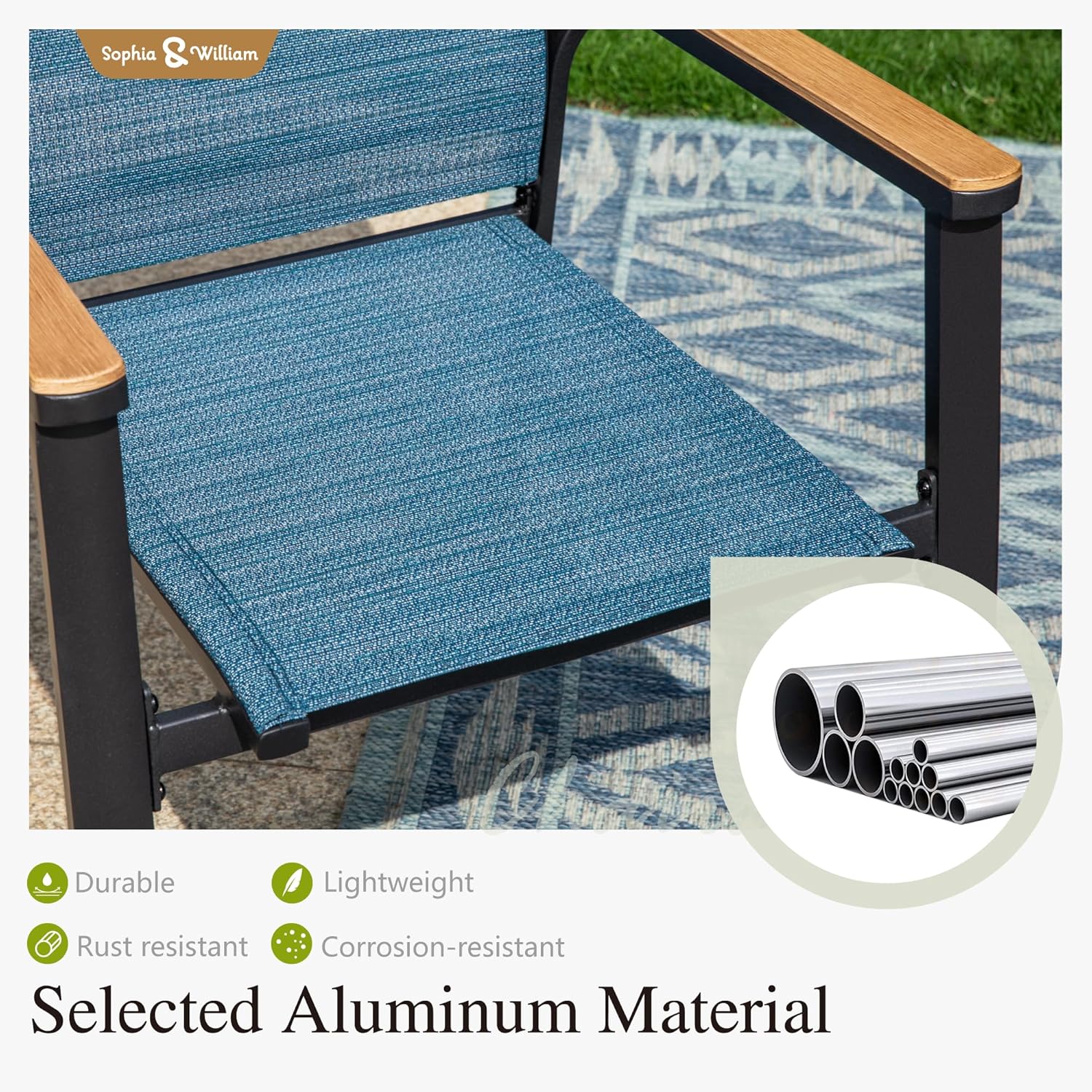 Sophia & William Patio Table and Chairs Set 7 Pieces, 6 Aluminium Patio Dining Chairs with 60" x 38" Metal Dining Table, Stackable and Easy to Move for Outdoor Garden Lawn (Blue)