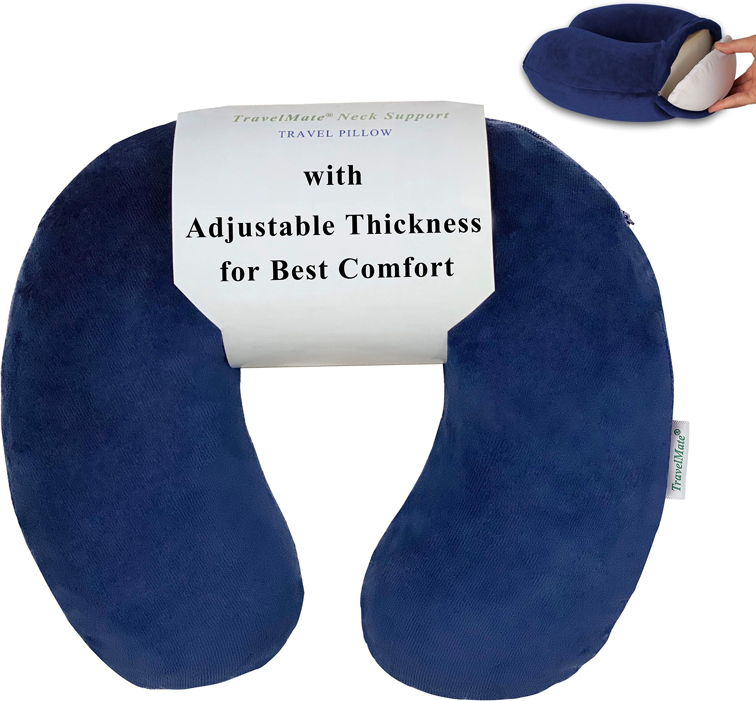 Memory Foam Neck Pillow - Adjustable Thickness for Best Comfort, Dark Blue
