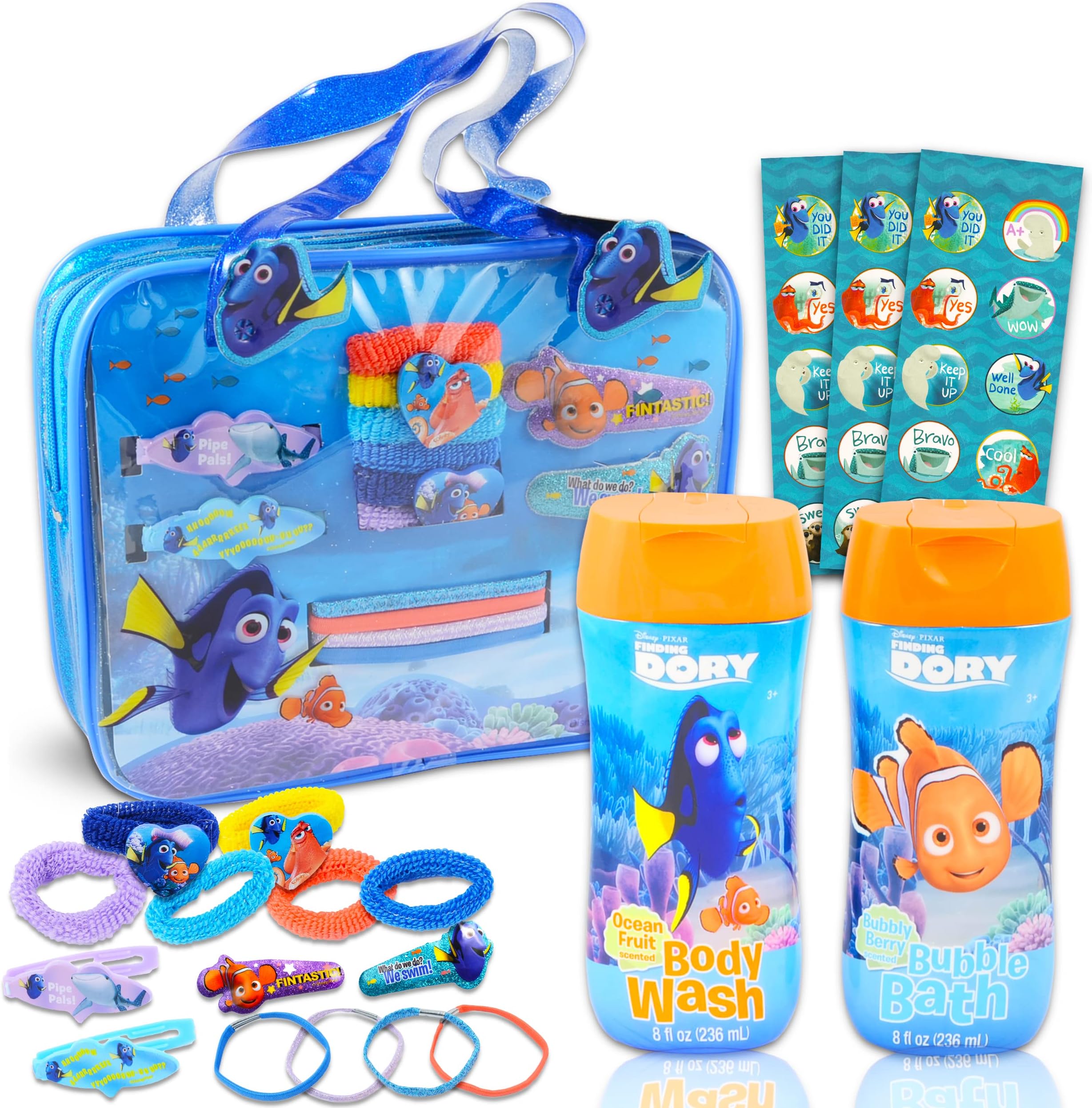 Disney Finding Dory Bathroom Bundle Finding Nemo Hair Accessories Set - 16 Pc Ultimate Finding Dory Bath Set Including Hair Ties, Hair Clips, Body Wash, Bubble Bath, and More