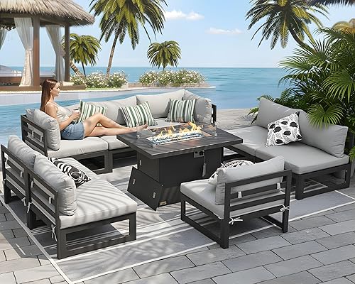Miniatura 149 de NICESOUL 7 Piece White Powder-Coated Aluminum Patio Furniture with Fire Pit Table, 29 Inch Extra Wide Outdoor Sectional Sofa for 6, High-End Heavy