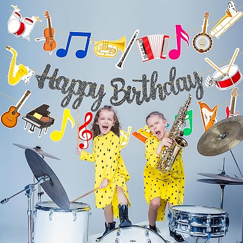 Miniatura 6 de Cartel de fiesta de cumpleaños con purpurina negra para instrumentos musicales, guirnalda de instrumentos musicales para tema de músico, suministros