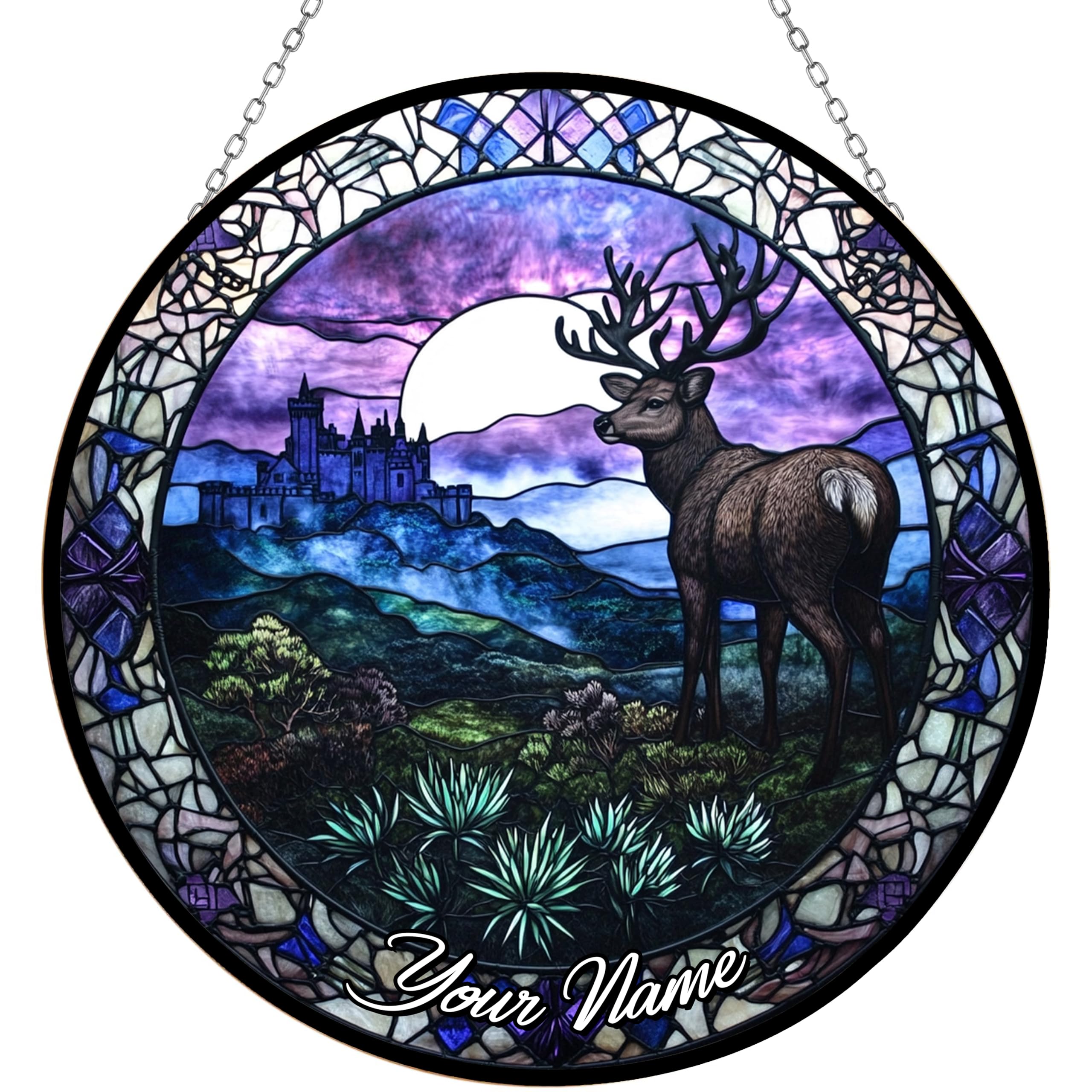 365CUSGIFTS Customized Deer Scotland Stained Glass Window Hanging Sun Catcher Halloween Haning Ornament Decoration Christmas Birthday Gifts for Lover and Friends