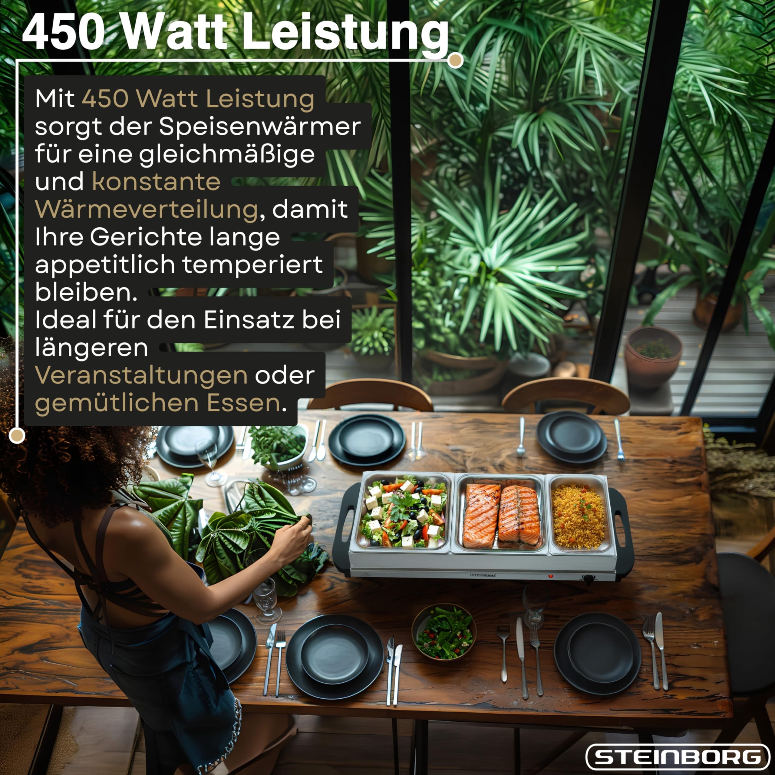 Steinborg® Elektrischer Buffetwärmer 3 Schalen – Speisenwärmer 450W Temperaturregelung, Warmhalteplatte mit 2 x3,7L + 1x2,5L Behältern Warmhaltebehälter Buffet Server für Partys, Catering und Familie