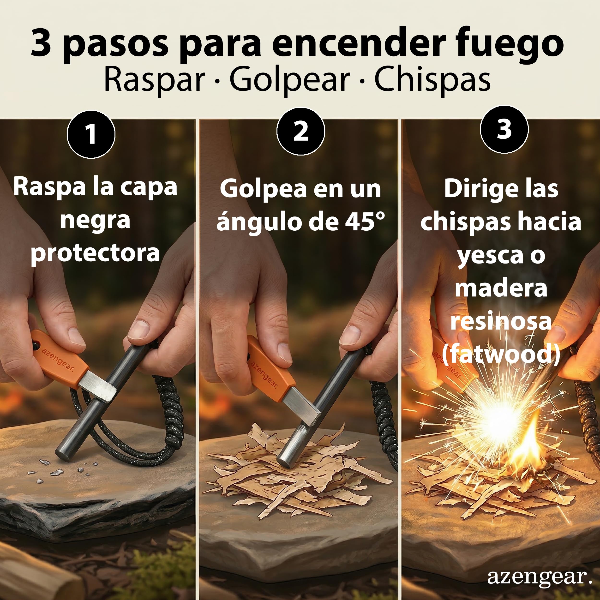 aZengear Encendedor de Fuego Ferrocerio XXL ⌀10 mm con Rascador de Acero HSS y Paracord Fluorescente Firesteel Bushcraft