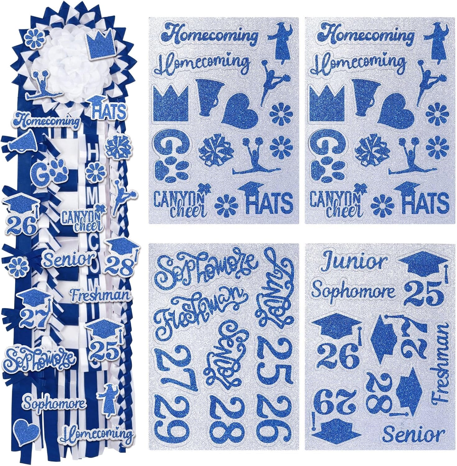Motiskyy 48 Pcs Homecoming Mum Glitter Cut Out Sticker Senior Die Cut Stickers Homecoming Mum Supply Prom Corsage Placard Flowers Embellishment Centerpiece Accessories Game Dance Decor(Blue Silver)