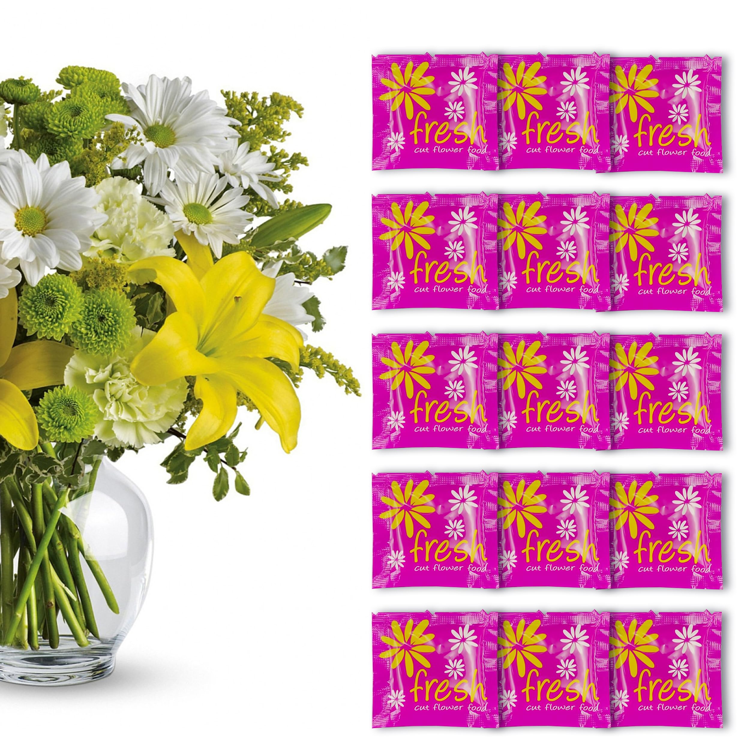 Pack de 15 Sobrecitos de Conservante Para Flor Cortada, Comida Para Flores Frescas Cortadas, 15 Paquetes de Conservante Total, 7.5L de Conservante Líquido