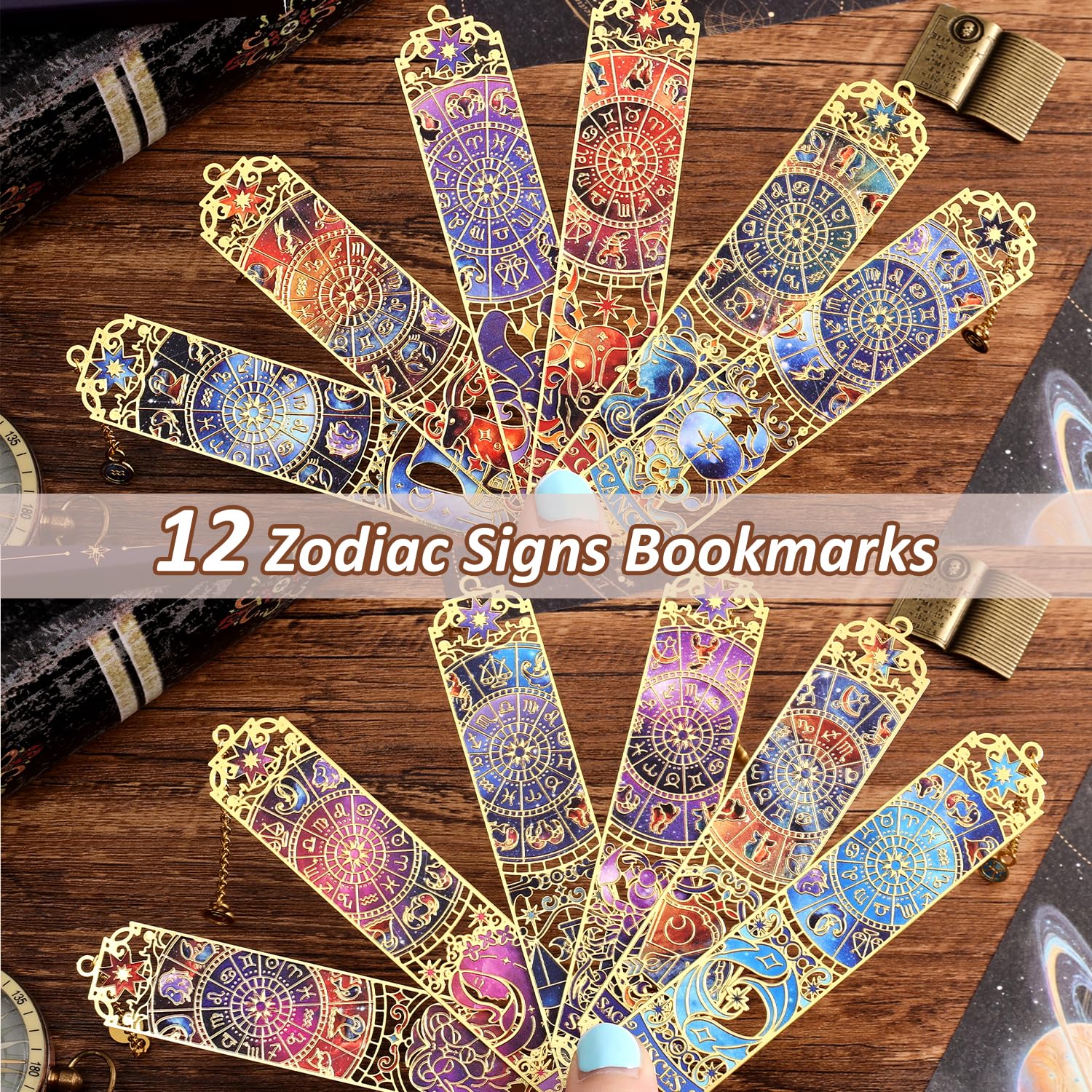 12 marcapáginas de metal con temática del zodiaco para mujeres, juego de marcapáginas de astrología hueca dorada divertida para niñas, adolescentes, estudiantes, lectores, hombres, regalos temáticos
