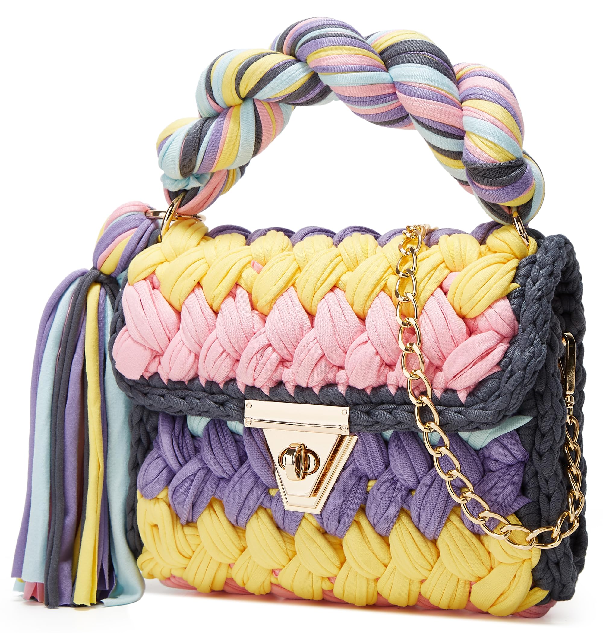 Borsa a tracolla da donna in maglia grossa all'uncinetto, pochette da sera tessuta a mano con patta