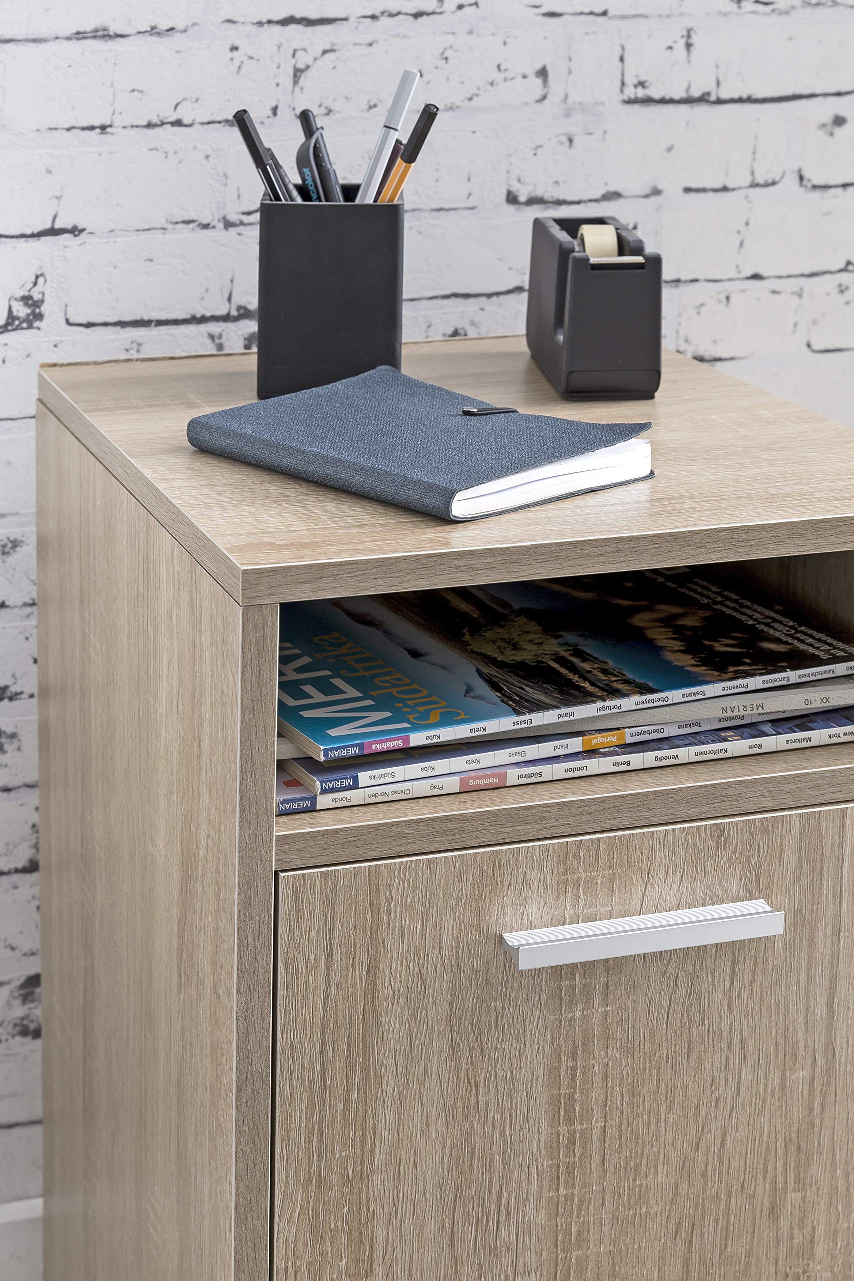 FineBuy Caisson de Bureau 33x60x38 cm Placard de Rangement Mobile Sonoma | Armoire de Rangement Petite avec Porte | Meuble de Bureau a Roulette