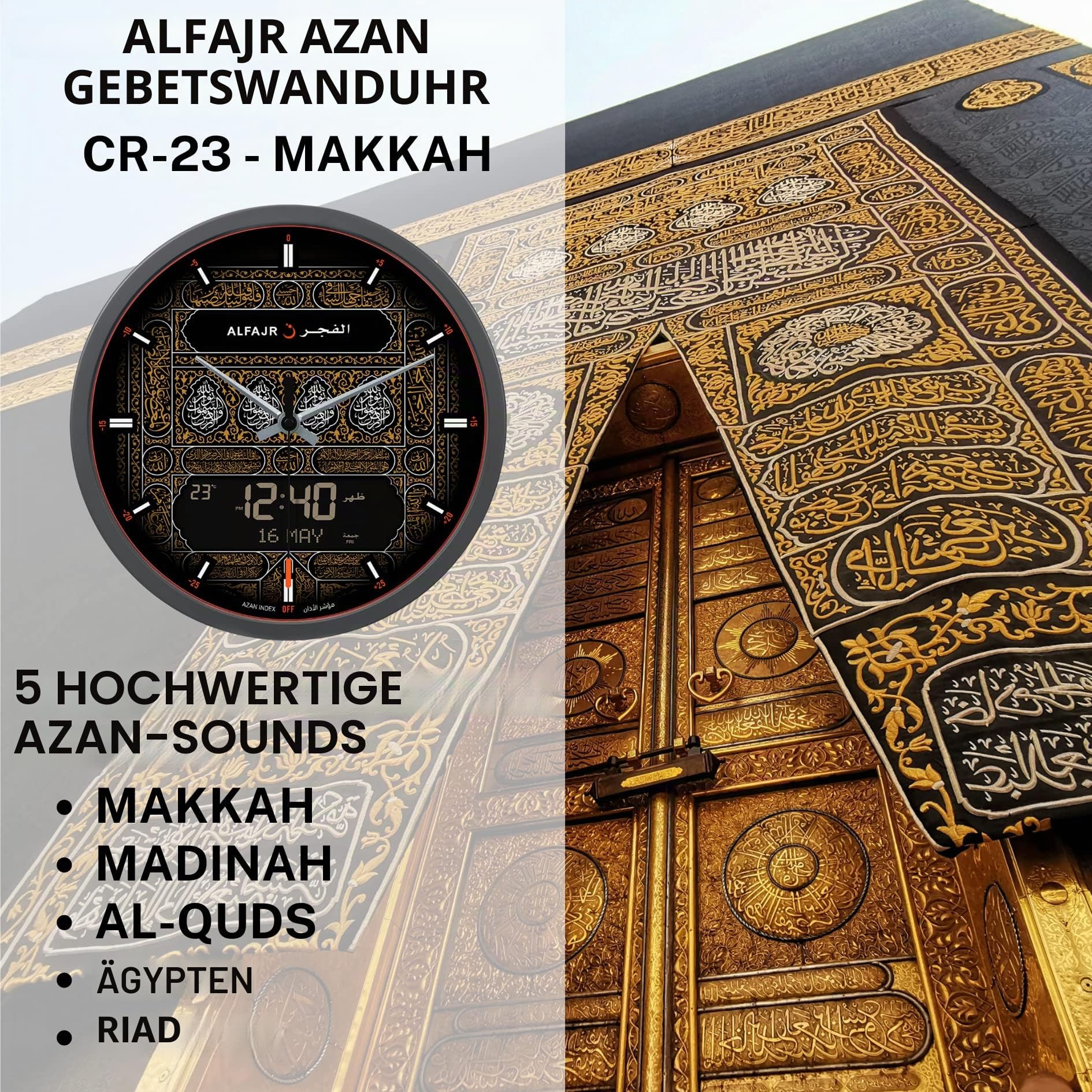 AL FAJR Große Runde Automatische Gebetsuhr Azan Athan Qibla Muslim CR-23 (Makkah)